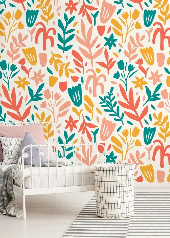 Abstract Floral Wallpaper With Botanical Cutouts In Teal, Coral, And Yellow – D371