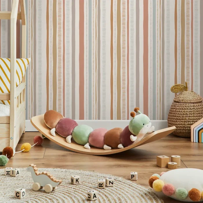 Abstract Striped Wallpaper In Pink, Blue, And Beige – D834
