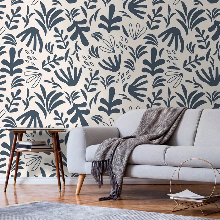 Abstract Wallpaper Featuring Botanical Shapes In Gray And White – D679