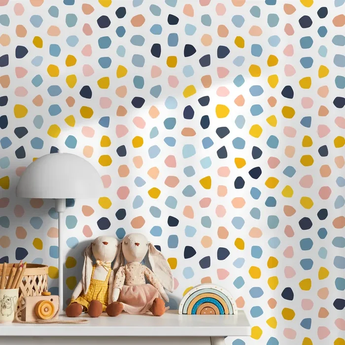 Abstract Wallpaper Featuring Organic Pebble Shapes In Blue, Yellow, And Pink – A856