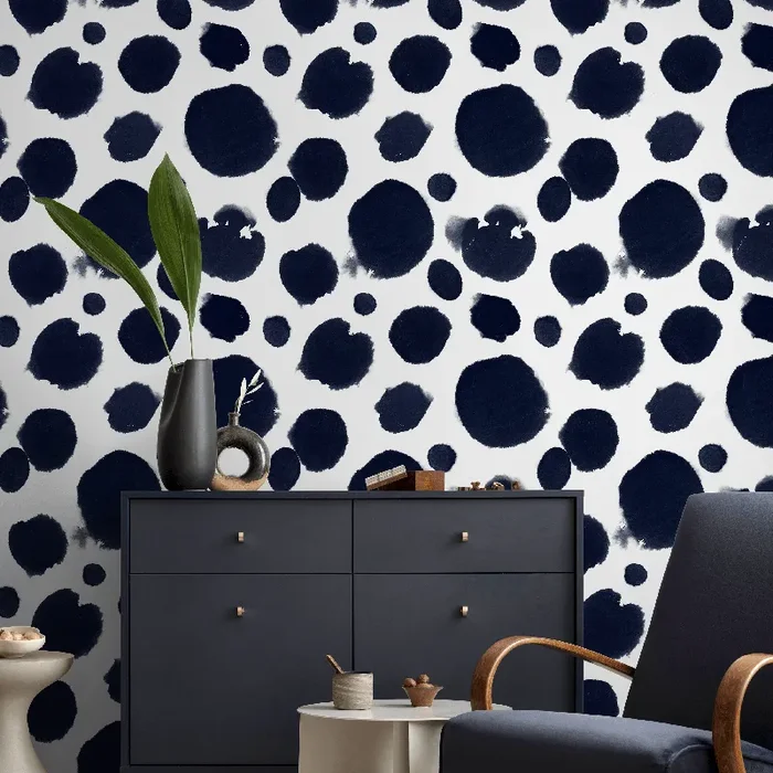 Abstract Wallpaper Featuring Organic Watercolor Spots In Navy Blue – A012