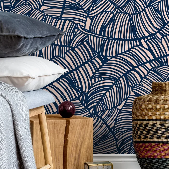 Abstract Wallpaper With A Bold Banana Leaf Motif In Navy Blue And Blush Pink – A016