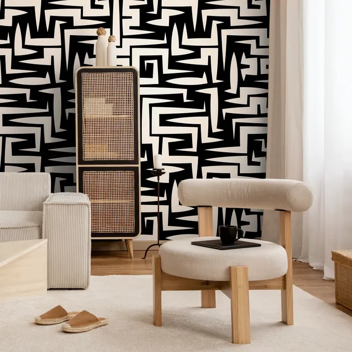 Abstract Wallpaper With A Bold Graphic Maze Motif In Black And Off-white – C388