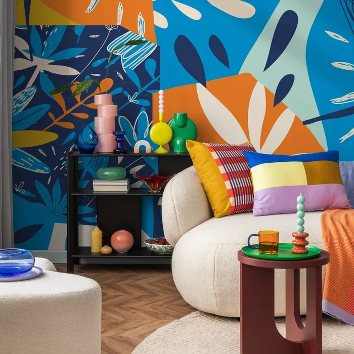 Abstract Wallpaper With A Collage Of Botanical Shapes In Blue And Orange – C393