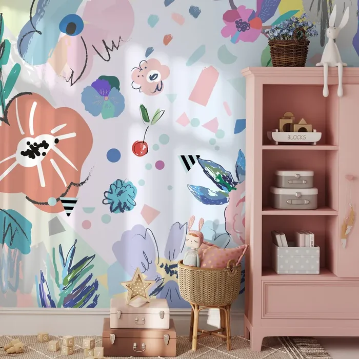 Abstract Wallpaper With A Collage Of Flowers And Shapes In Pink, Blue, And Purple – B176