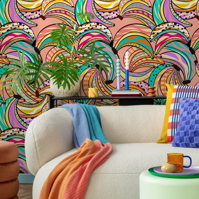 Abstract Wallpaper With A Graphic Banana Motif In Pink, Yellow, And Turquoise – C460