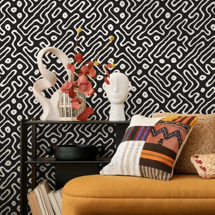Abstract Wallpaper With A Hand-drawn Maze Motif In Black And White – C045