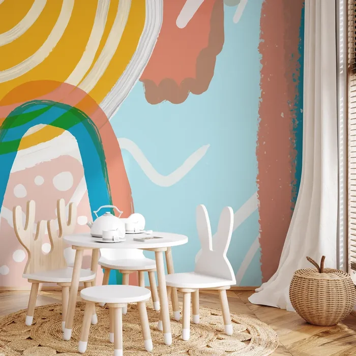 Abstract Wallpaper With A Rainbow Motif In Yellow, Blue, And Terracotta – B740