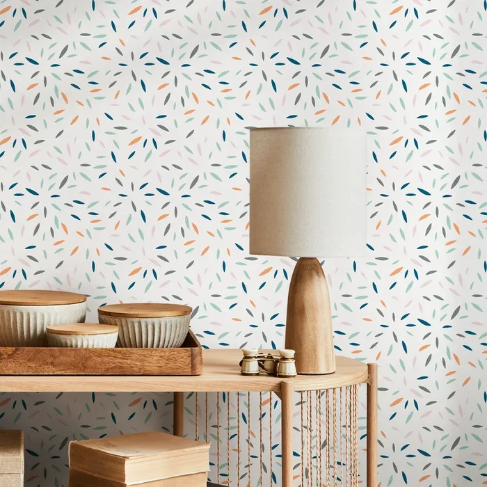 Abstract Wallpaper With A Scattered Petal Motif In Blue, Orange, And Teal – B325
