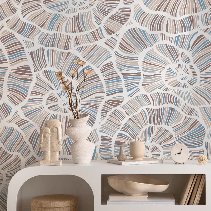 Abstract Wallpaper With A Spiral Shell Motif In Brown, Blue, And Beige – B784