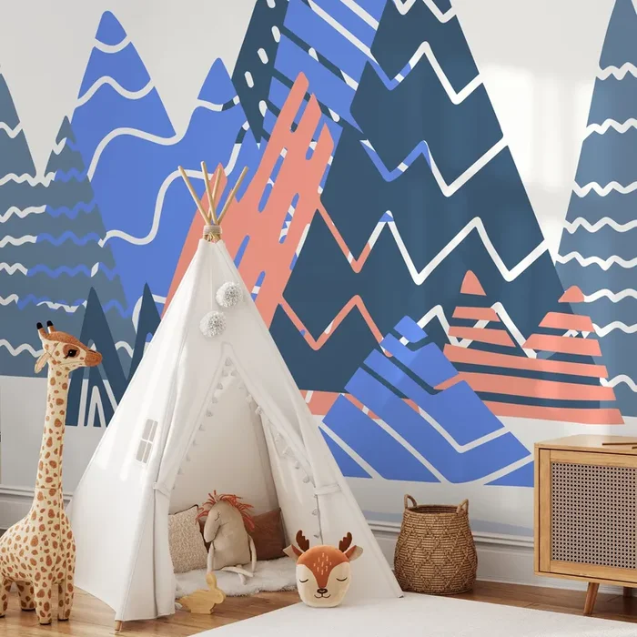 Abstract Wallpaper With A Stylized Mountain Range In Blue, Coral, And Navy – A950