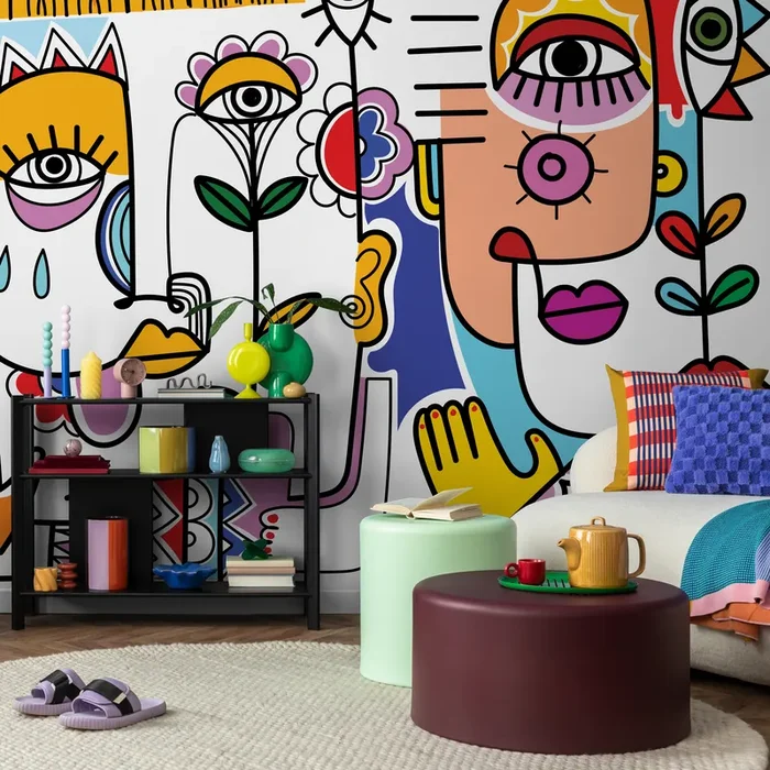 Abstract Wallpaper With A Surrealist Face Mural In Yellow, Red, And Blue – D596