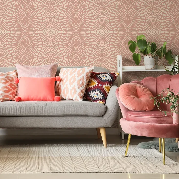 Abstract Wallpaper With A Symmetrical Ikat Motif In Pink And Cream – C549