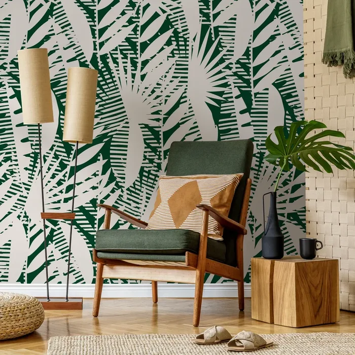 Abstract Wallpaper With A Tropical Palm Leaf Motif In Green And Beige – C401