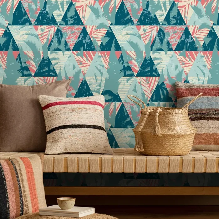 Abstract Wallpaper With A Tropical Triangle Motif In Teal, Coral, And Cream – A970