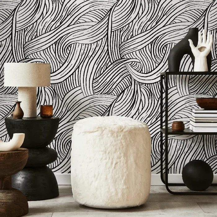 Abstract Wallpaper With An Organic Wave Motif In Black And White – C668