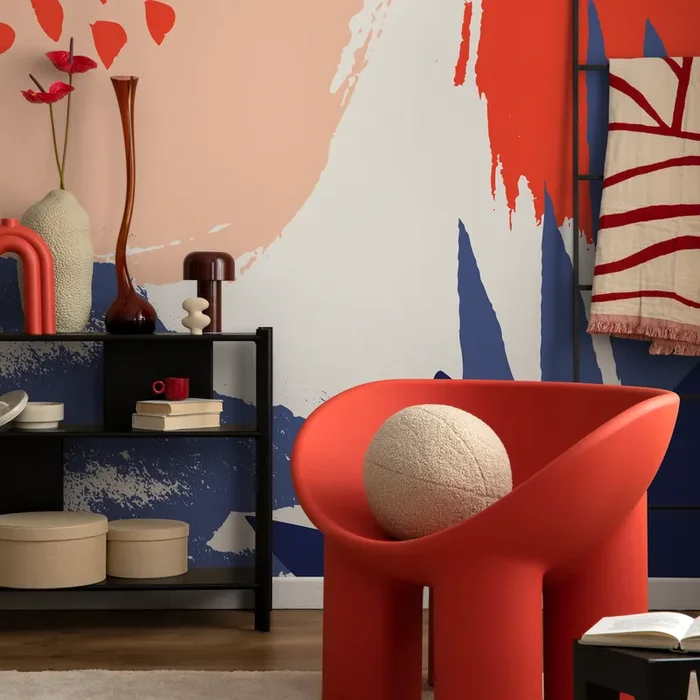Abstract Wallpaper With Bold Brushstrokes In Red, Blue, And Peach – B450