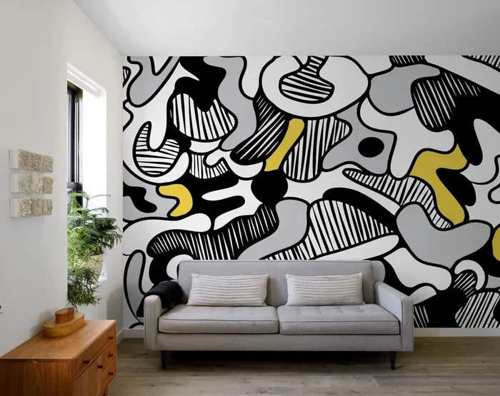 Abstract Wallpaper With Bold Flowing Forms In Black, Yellow, And Grey – X135