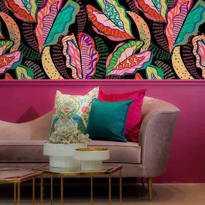 Abstract Wallpaper With Bold Patterned Leaves In Pink, Teal, And Orange – C454