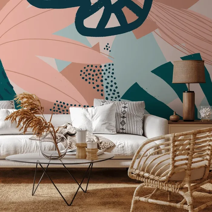 Abstract Wallpaper With Bold Shapes And Brushstrokes In Pink, Teal, And Sage – B861