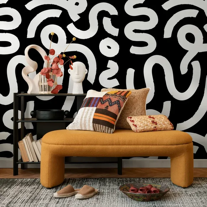 Abstract Wallpaper With Bold Winding Brush Strokes In Black And White – B568
