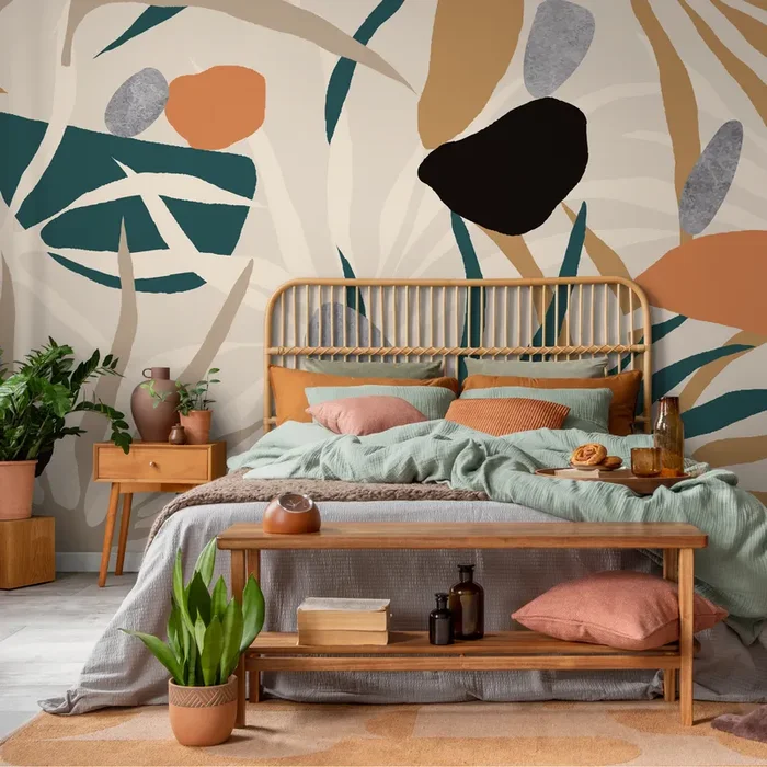 Abstract Wallpaper With Botanical Cutout Shapes In Teal And Orange – C123