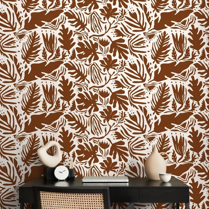 Abstract Wallpaper With Botanical Cutouts In Brown – D669