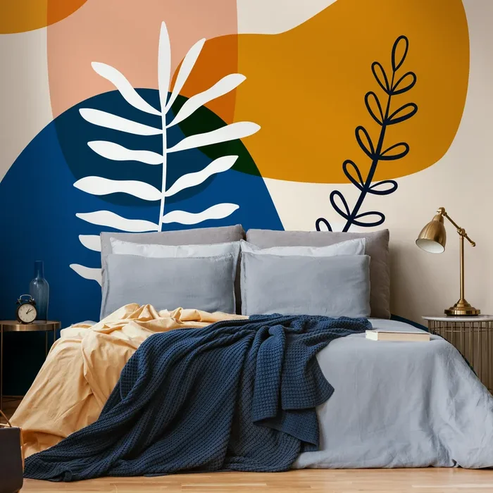 Abstract Wallpaper With Botanical Motifs In Navy Blue, Mustard, And Terracotta – C078