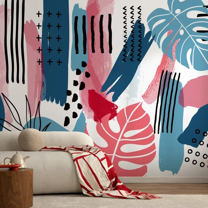 Abstract Wallpaper With Botanical Motifs In Pink, Blue, And Black – B884