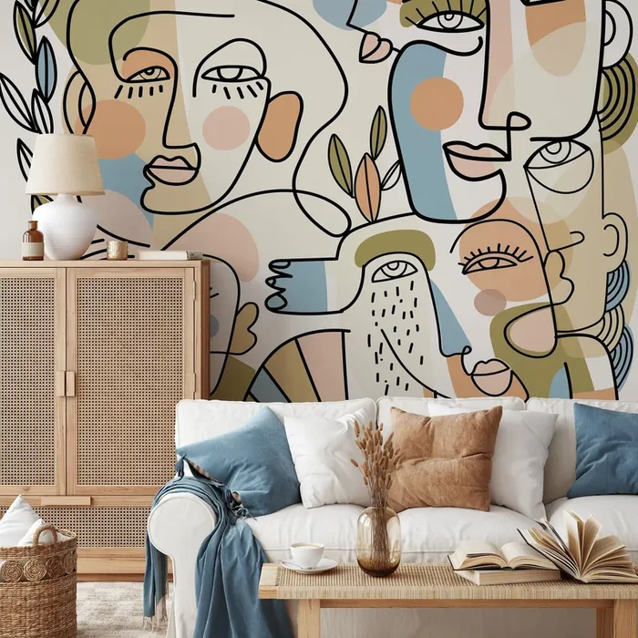 Abstract Wallpaper With Continuous Line Art Faces In Blue, Green, And Terracotta – D558