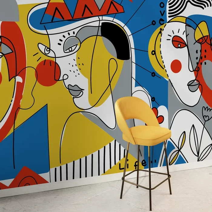 Abstract Wallpaper With Cubist Faces In Blue, Yellow, And Red – D605