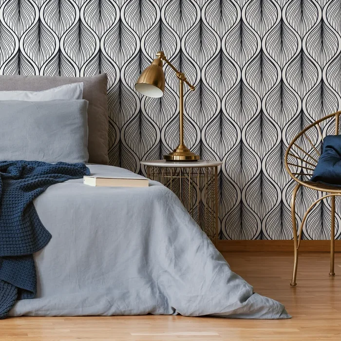 Abstract Wallpaper With Flowing Leaf Motifs In Navy Blue And Cream – C387