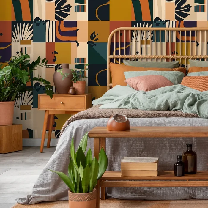 Abstract Wallpaper With Geometric Blocks In Terracotta, Mustard, And Teal – C146