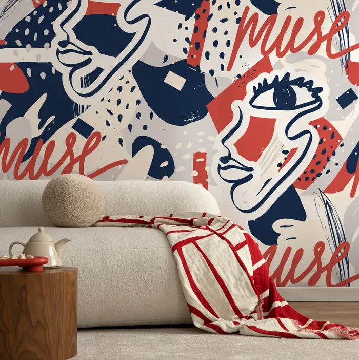Abstract Wallpaper With Graffiti Script And Faces In Red, Blue, And Gray – B191