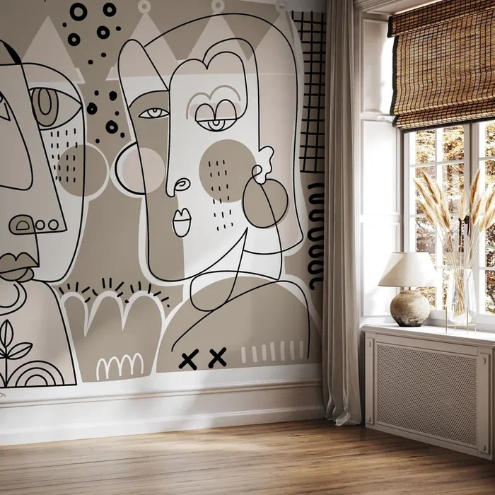 Abstract Wallpaper With Hand-drawn Line Art Faces In Beige, Black, And White – D583