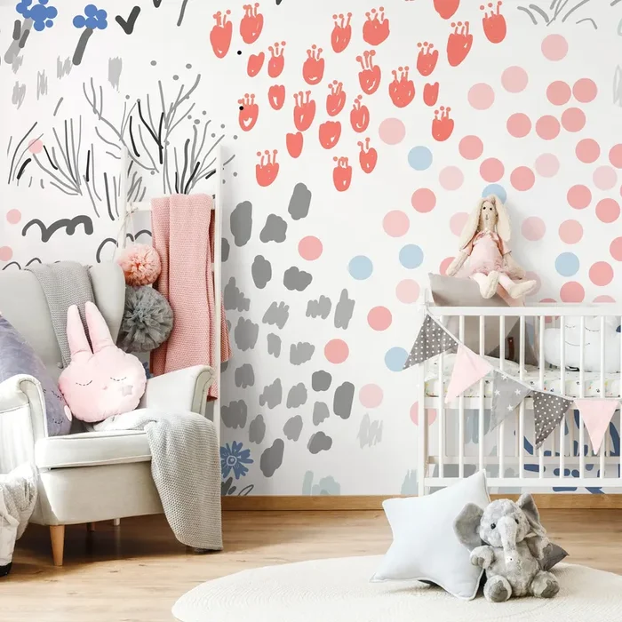 Abstract Wallpaper With Hand-drawn Motifs In Coral, Blue, And Grey – A719