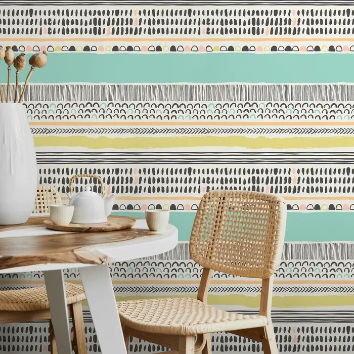 Abstract Wallpaper With Hand-drawn Stripes In Black, Mint, And Peach – A587