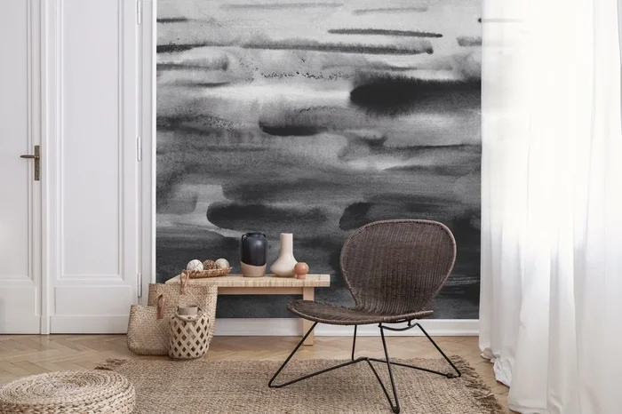 Abstract Wallpaper With Horizontal Brushstrokes In Black, White, And Gray – X161