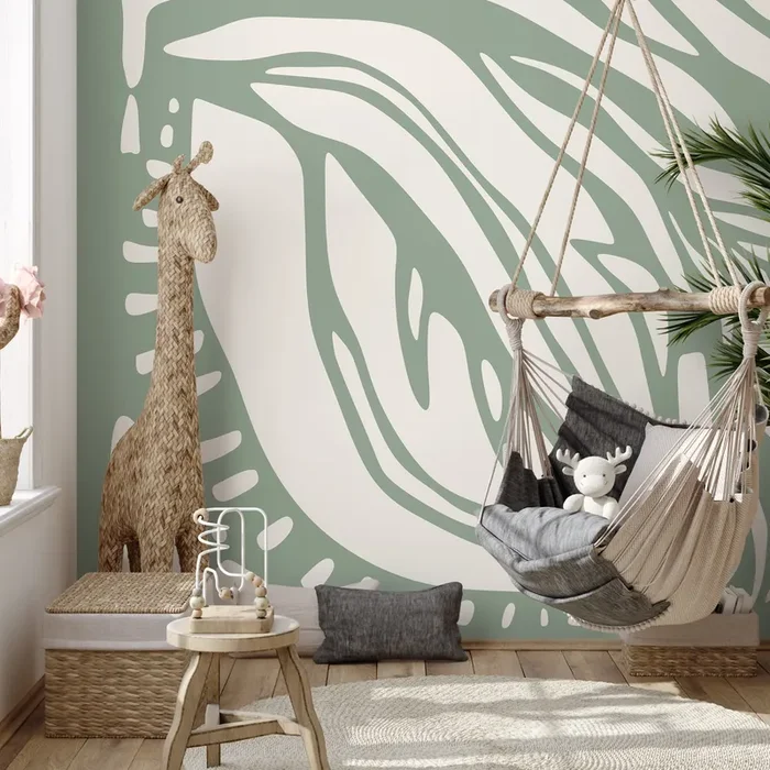 Abstract Wallpaper With Large Organic Forms In Light Green And White – D624
