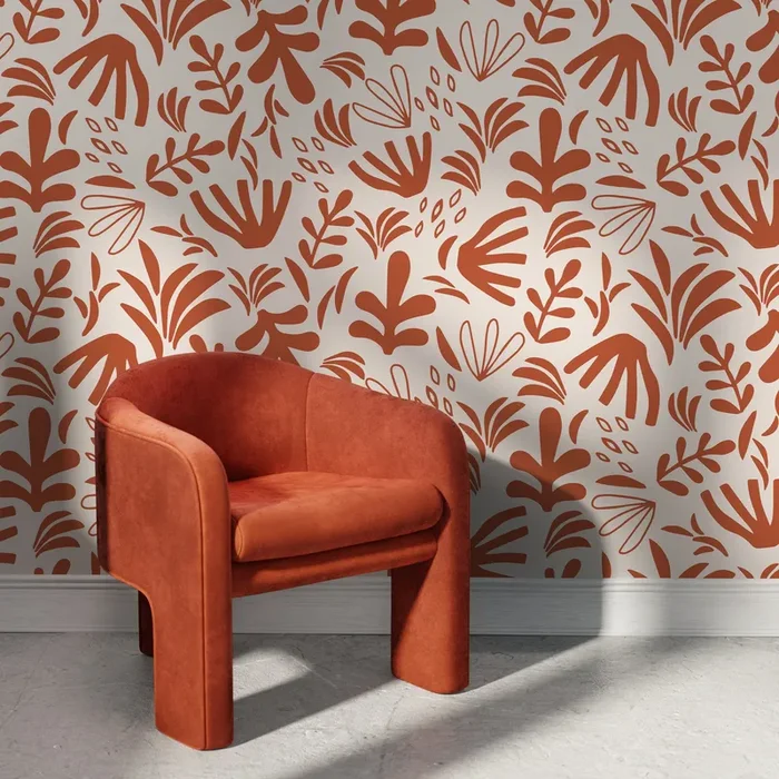 Abstract Wallpaper With Matisse-inspired Botanicals In Burnt Orange And Beige – D677