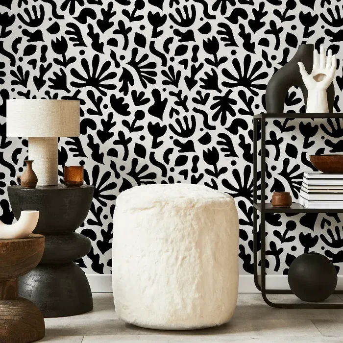Abstract Wallpaper With Matisse Inspired Cut-outs In Black And White – B909