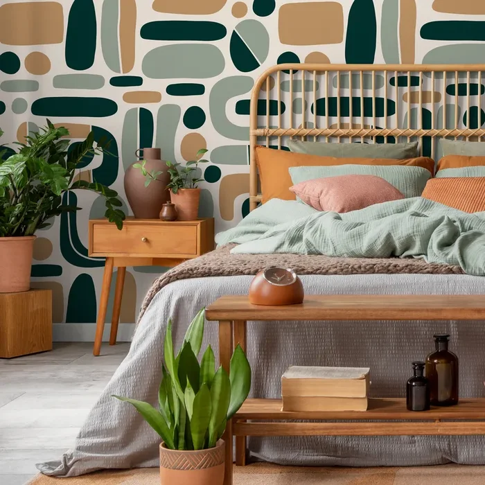 Abstract Wallpaper With Mid-century Modern Shapes In Dark Green, Sage, And Tan – D303