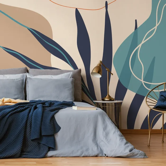 Abstract Wallpaper With Modern Botanical Forms In Navy Blue, Teal, And Beige – C062