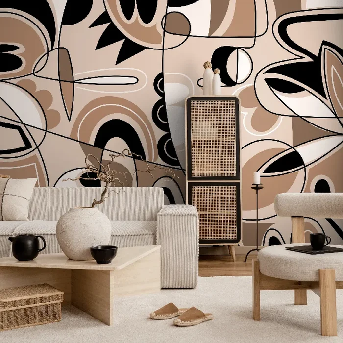 Abstract Wallpaper With Modern Cubist Line Art In Brown, Black, And Cream – D559
