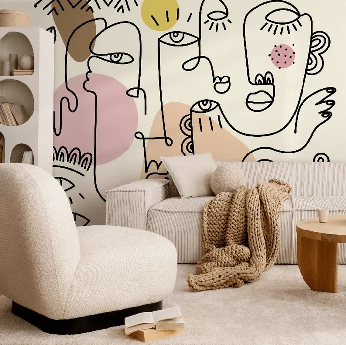 Abstract Wallpaper With Modern Line Art Faces In Pink, Brown, And Yellow – D600