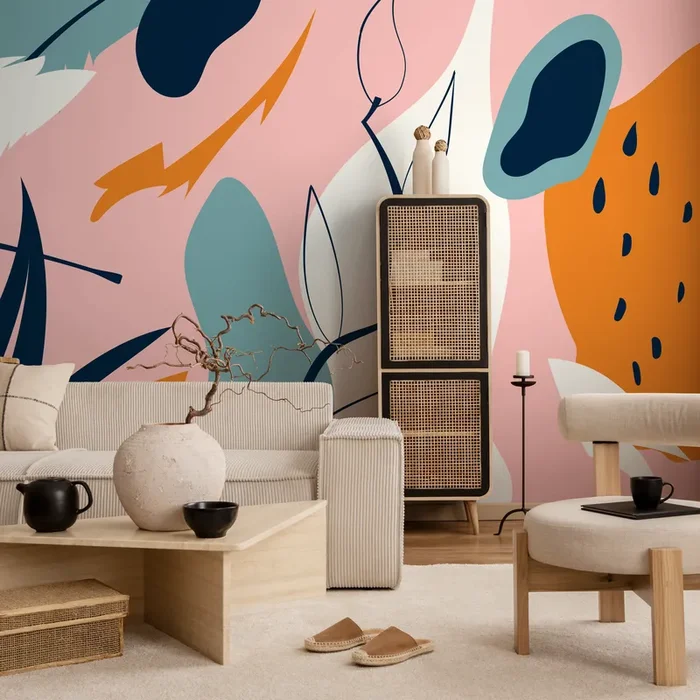 Abstract Wallpaper With Modern Organic Shapes In Pink, Orange, And Blue – B630