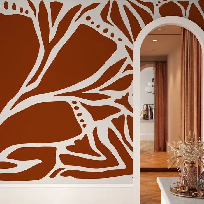 Abstract Wallpaper With Organic Branch Motifs In Terracotta And White – D637