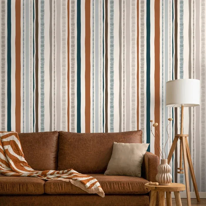 Abstract Wallpaper With Organic Hand-drawn Stripes In Rust, Teal, And Brown – D835