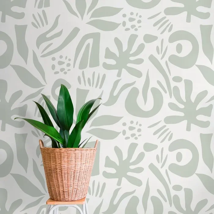 Abstract Wallpaper With Organic Leaf Shapes In Mint Green – D687