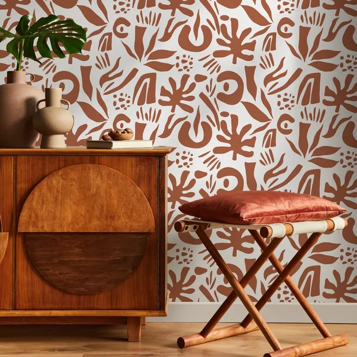 Abstract Wallpaper With Organic Leaf Shapes In Terracotta – D689